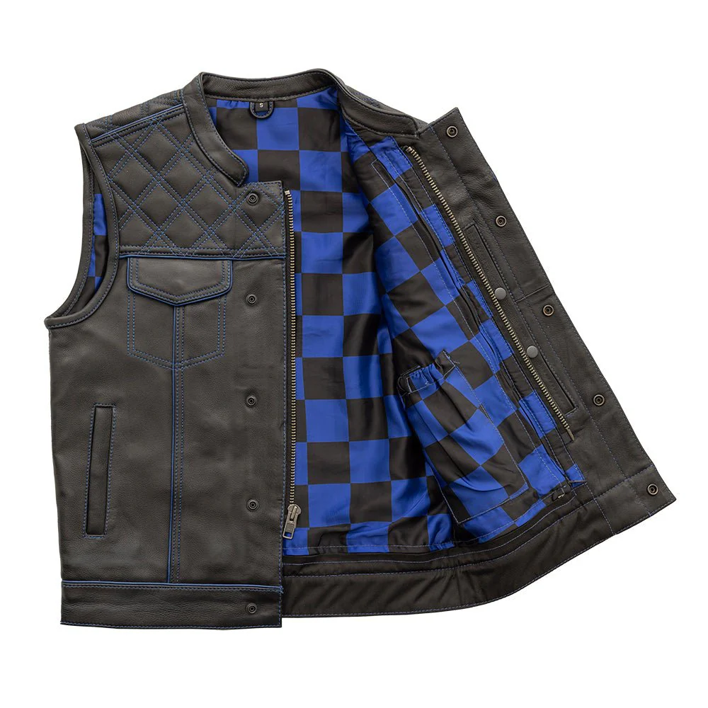 Finish Line - Blue Checker - Men's Motorcycle Leather Vest - Image 3