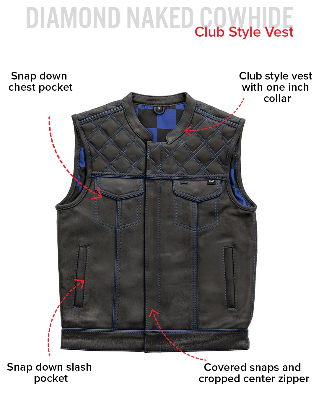 Finish Line - Blue Checker - Men's Motorcycle Leather Vest - Image 5