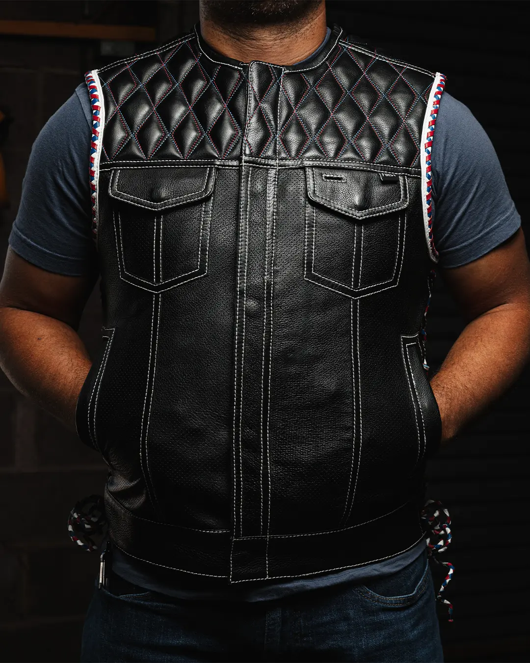 Captain Perforated Men's Motorcycle Leather Vest - Image 10