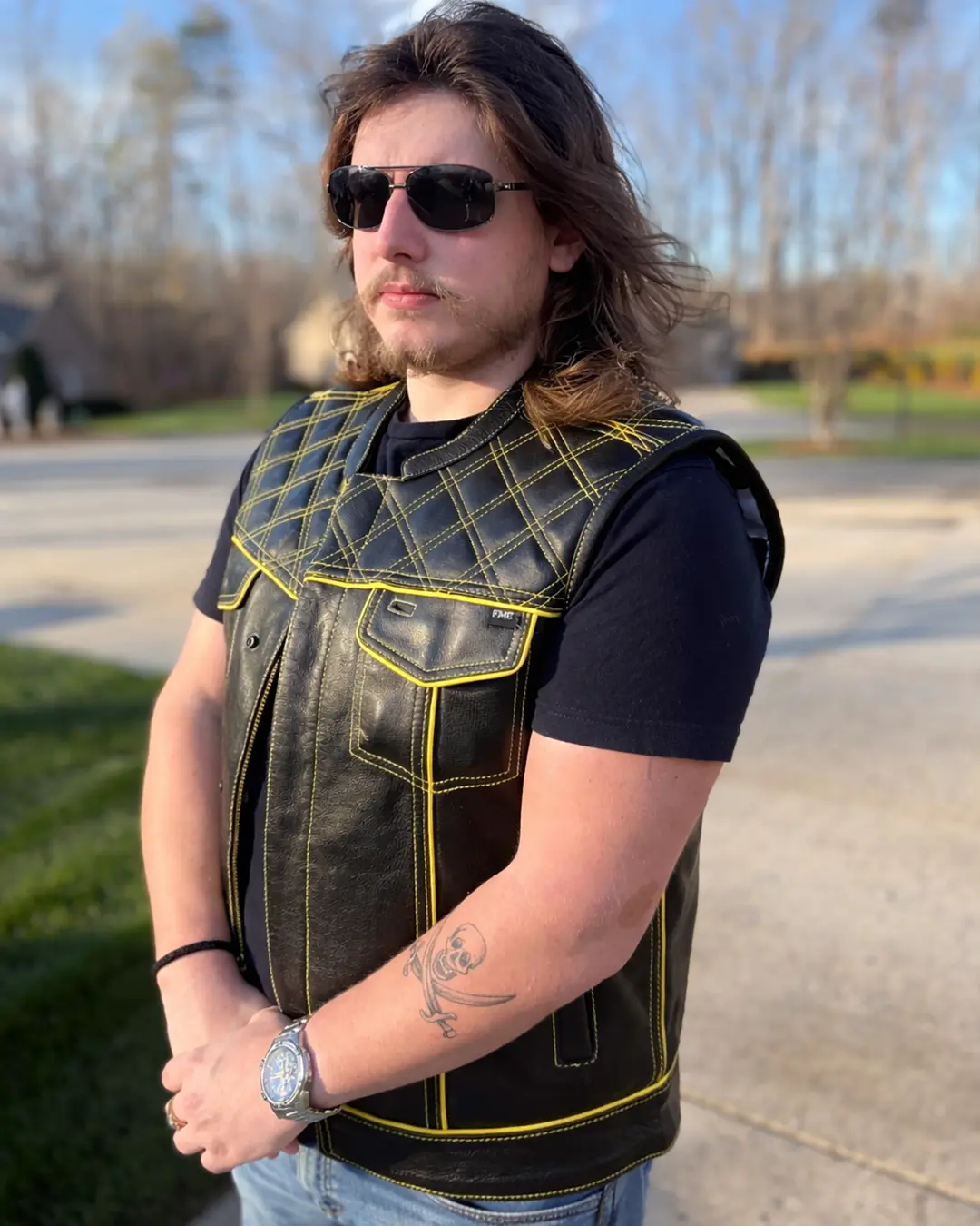 Finish Line - Gold Checker - Men's Motorcycle Leather Vest - Image 8