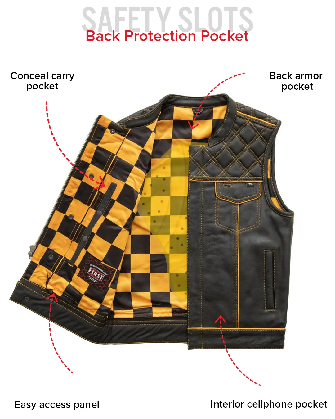 Finish Line - Gold Checker - Men's Motorcycle Leather Vest - Image 9