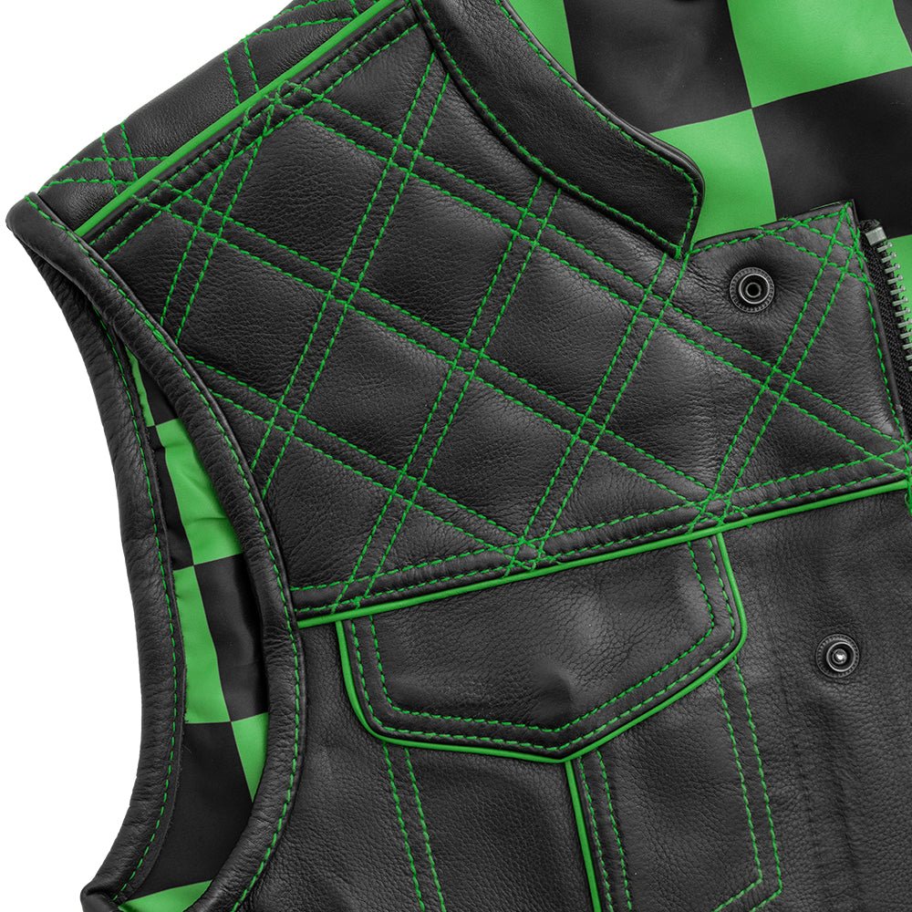 Finish Line - Green Checker - Men's Motorcycle Leather Vest - Image 3