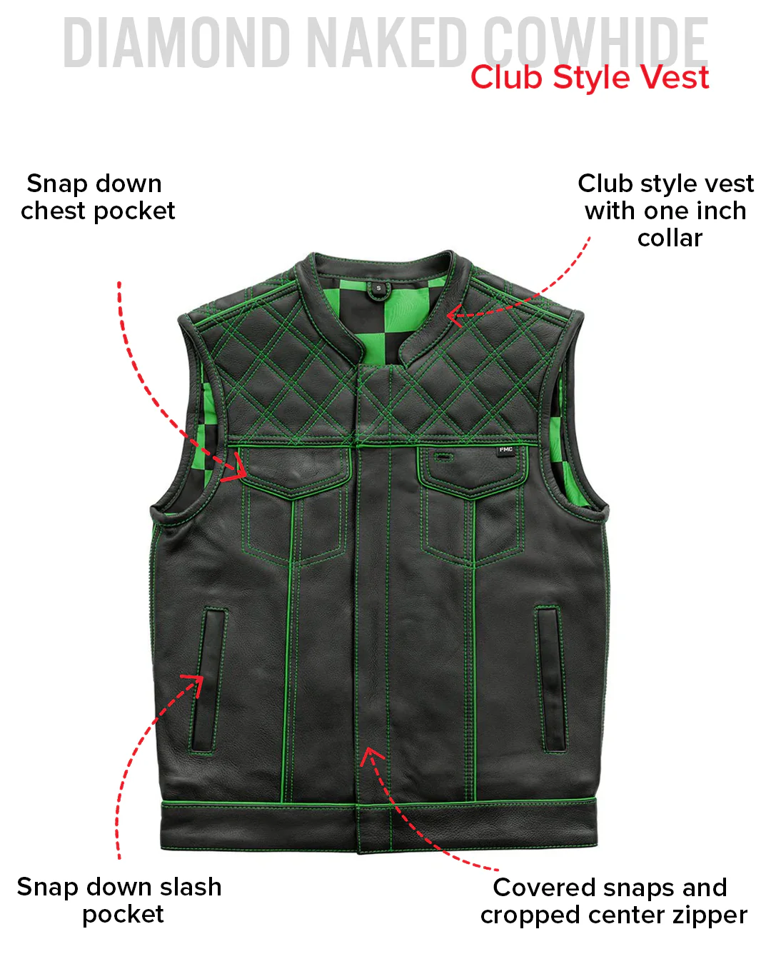 Finish Line - Green Checker - Men's Motorcycle Leather Vest - Image 5
