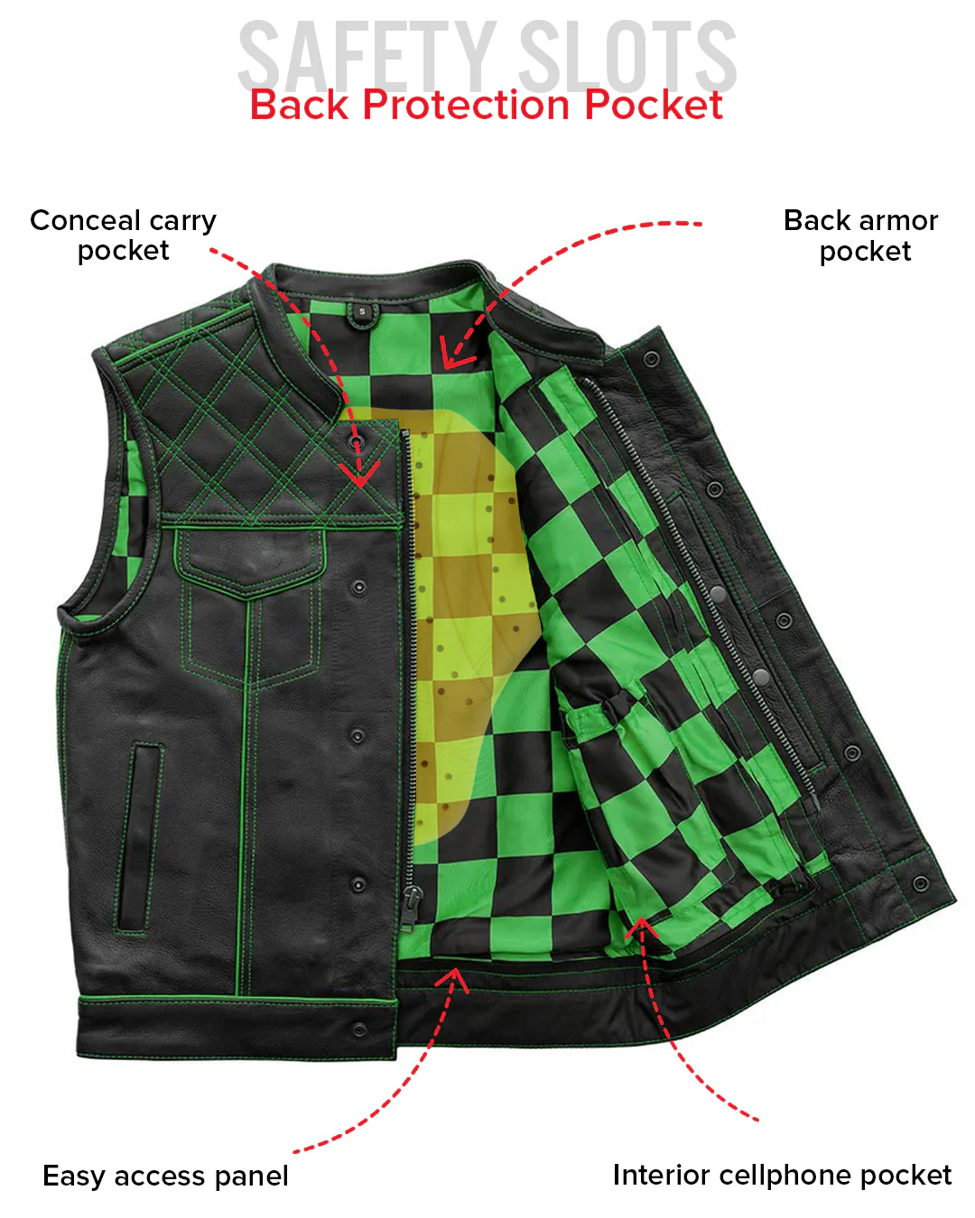Finish Line - Green Checker - Men's Motorcycle Leather Vest - Image 6