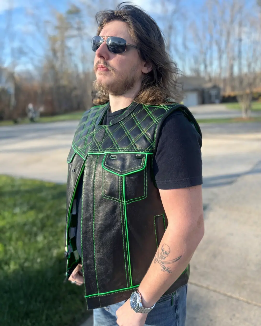Finish Line - Green Checker - Men's Motorcycle Leather Vest - Image 7