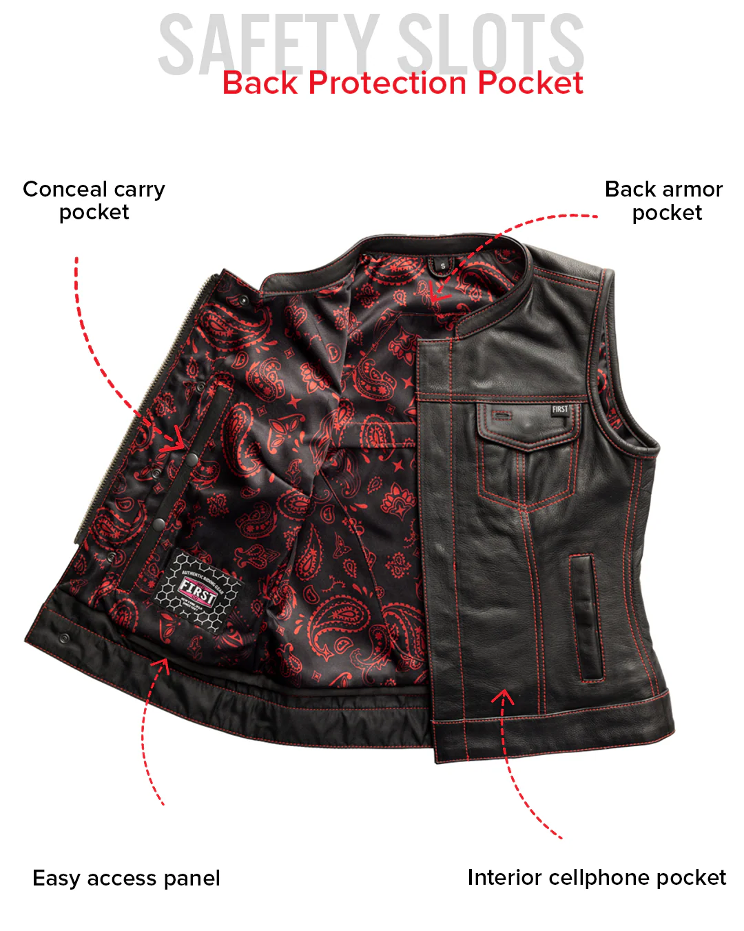 Jessica Women's Motorcycle Leather Vest - Black/Red - Limited Edition - Image 6
