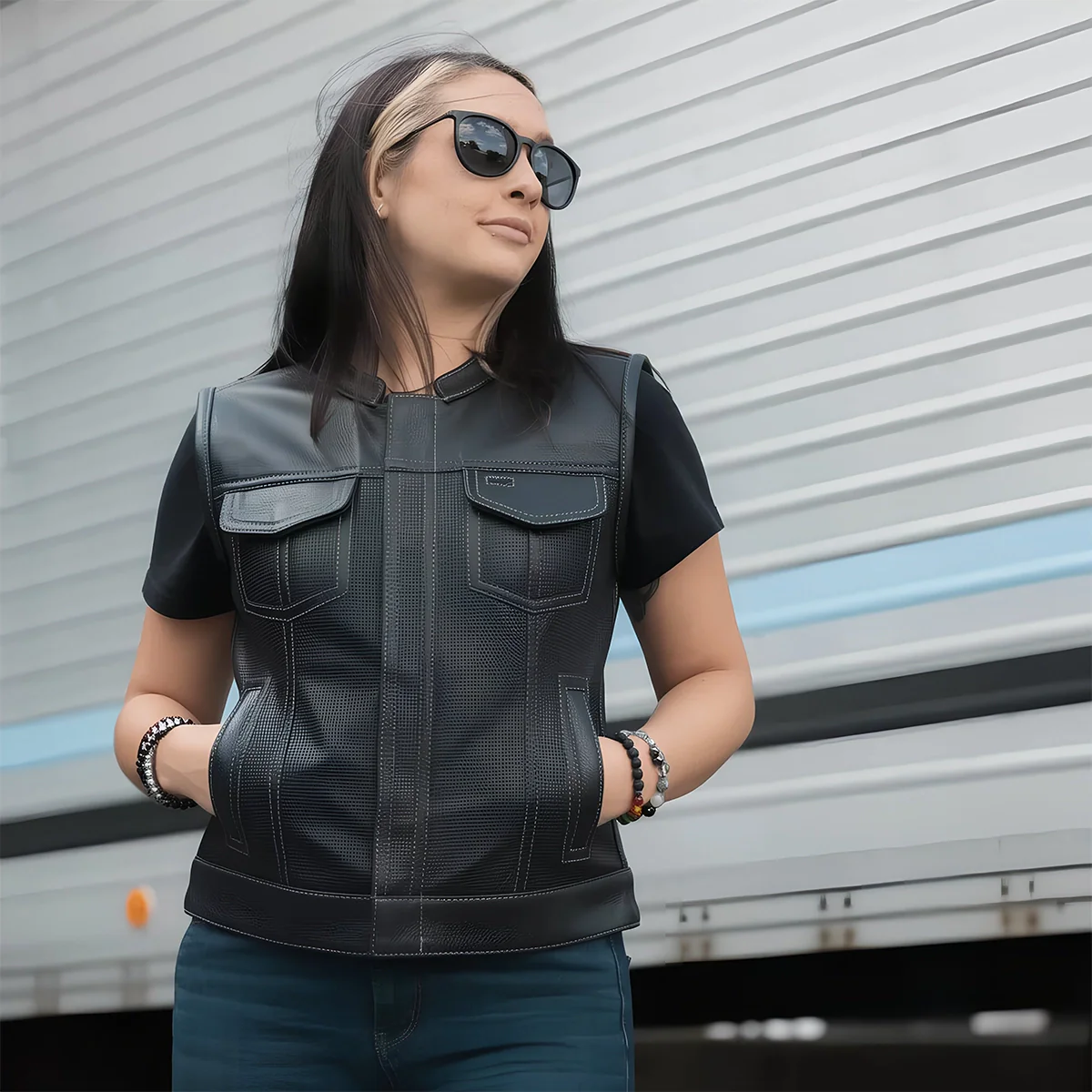 Jessica Perforated Women's Motorcycle Leather Vest - Image 13