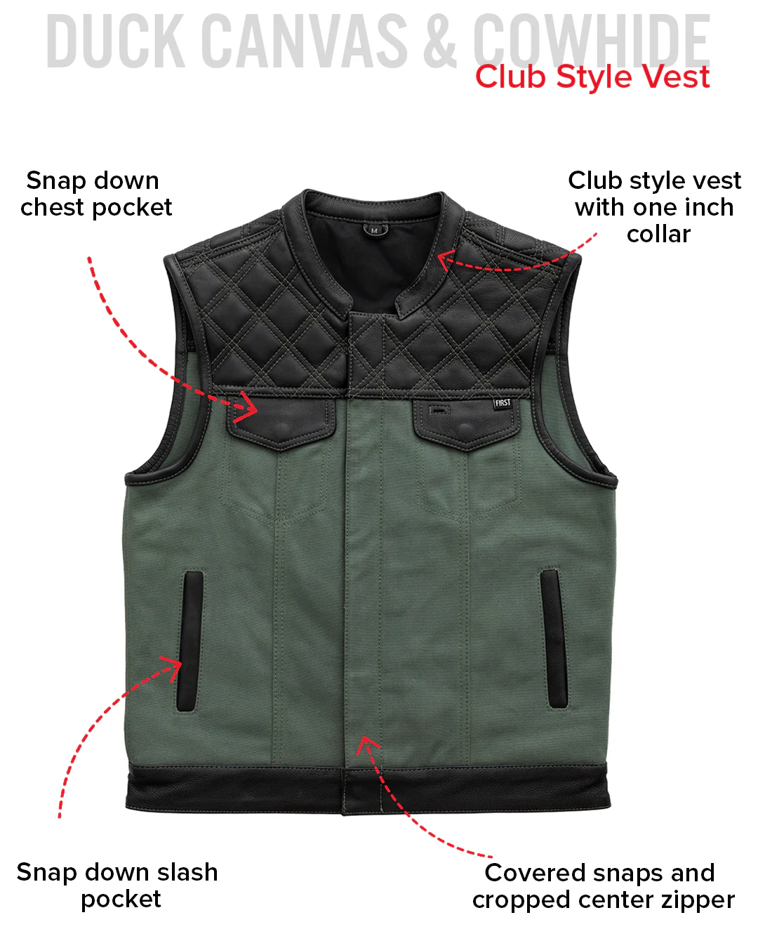 Hunt Club Motorcycle Leather Canvas Vest Green - Image 7