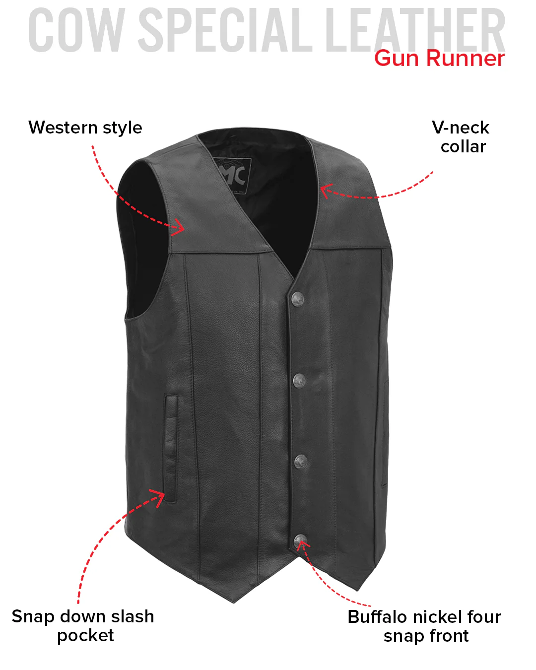 Gun Runner Men's Motorcycle Western Style Leather Vest - Image 6