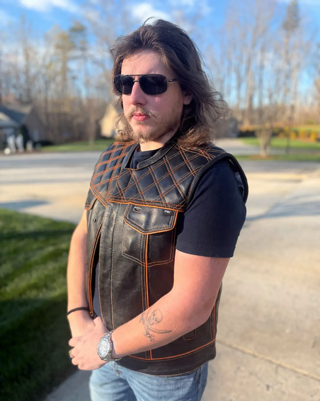 Finish Line - Orange Checker - Men's Motorcycle Leather Vest - Image 8
