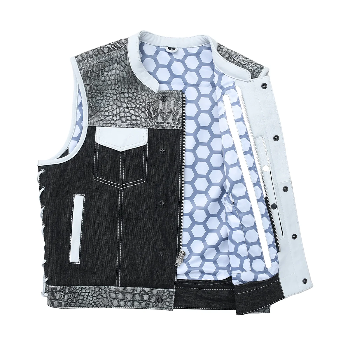 Road Cartel - Men’s Croc Texture Leather/Denim Motorcycle Vest - Image 3