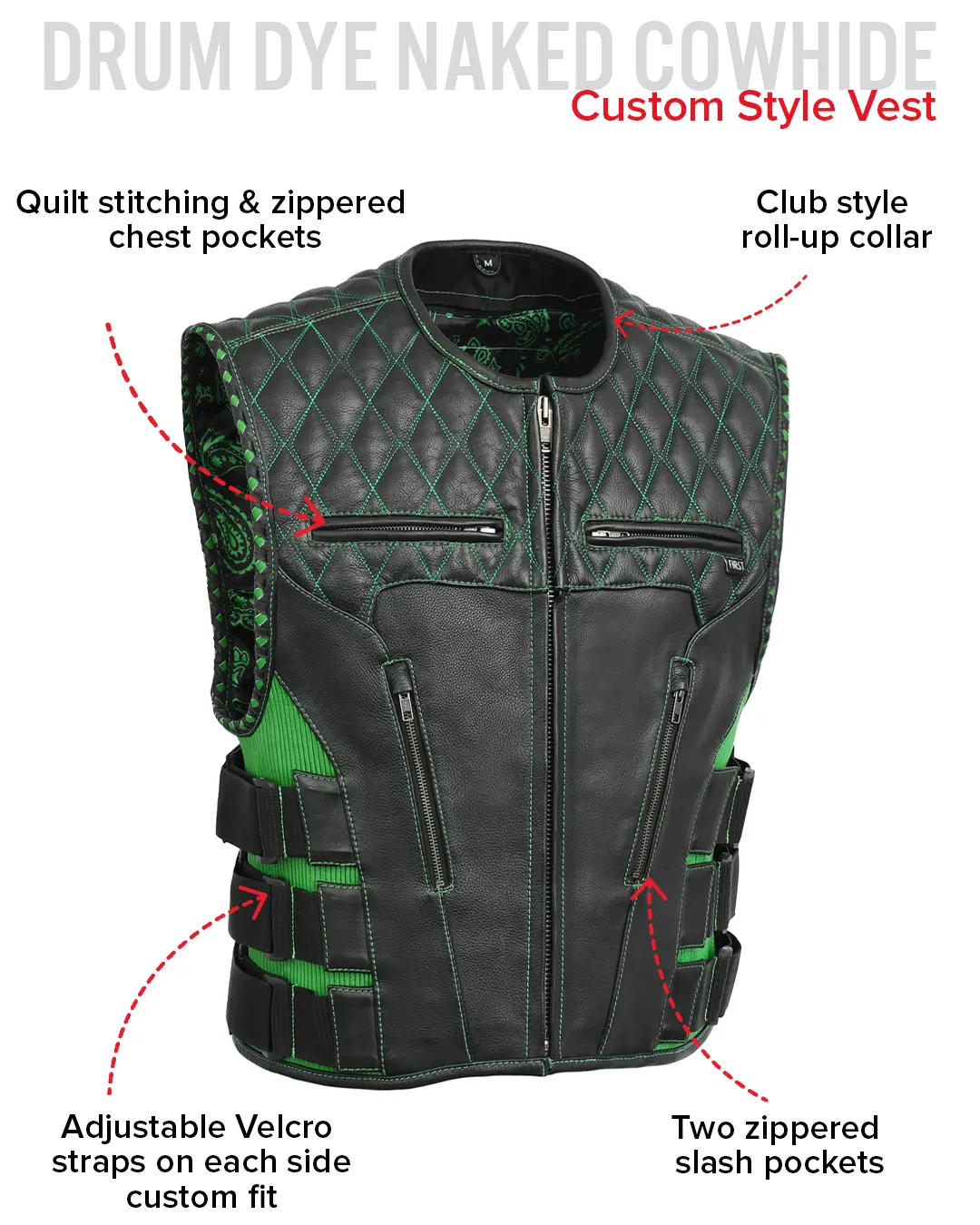 Tactical Emerald Men’s Motorcycle Leather Vest - Image 46