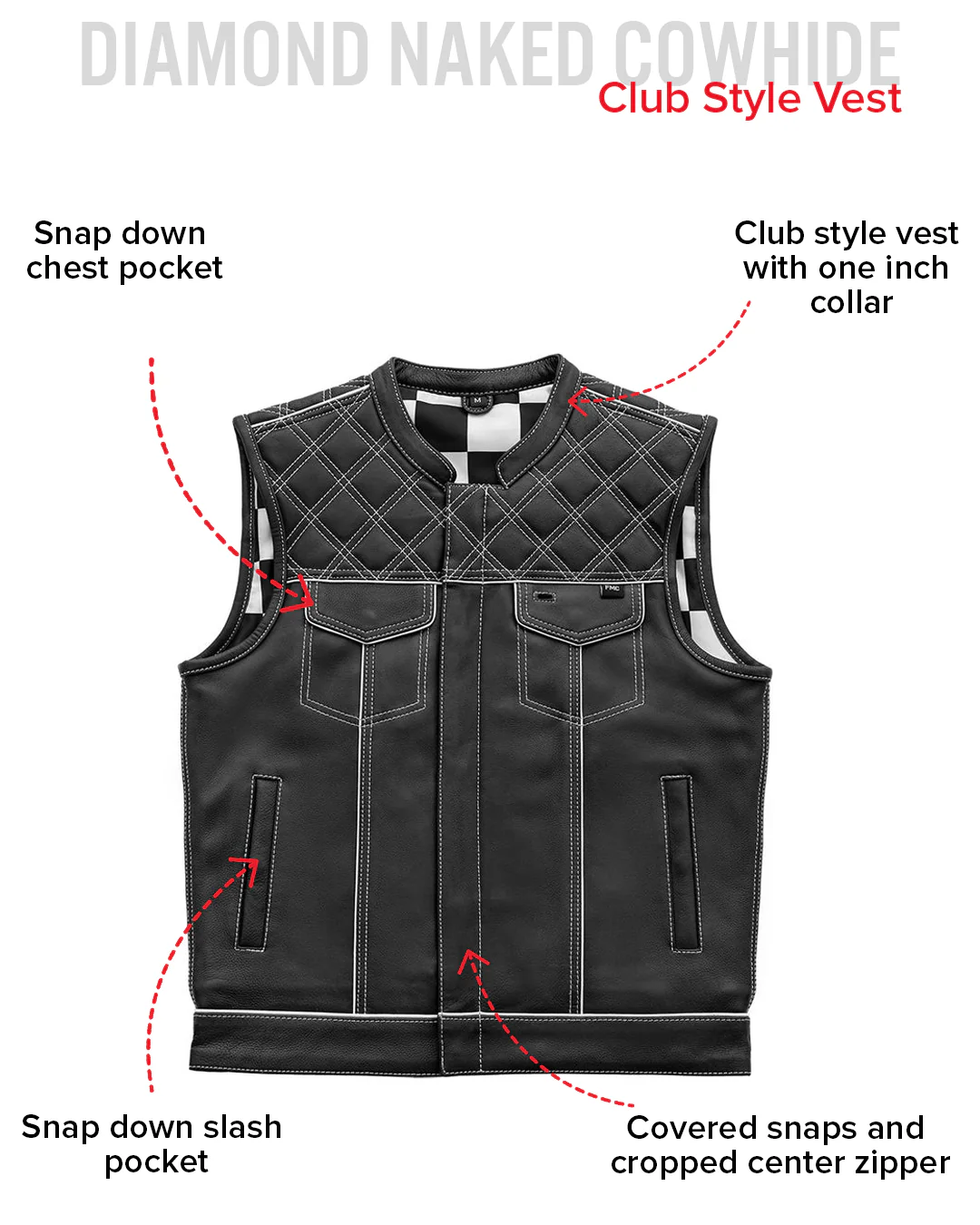 Finish Line - White Checker - Men's Motorcycle Leather Vest - Image 5
